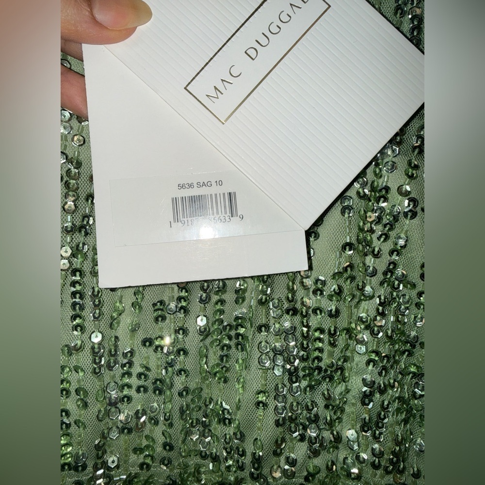 NWT| 5636 Sage Green Illusion High Neck Long Sleeve Embellished Gown Size 10 - Picture 12 of 15